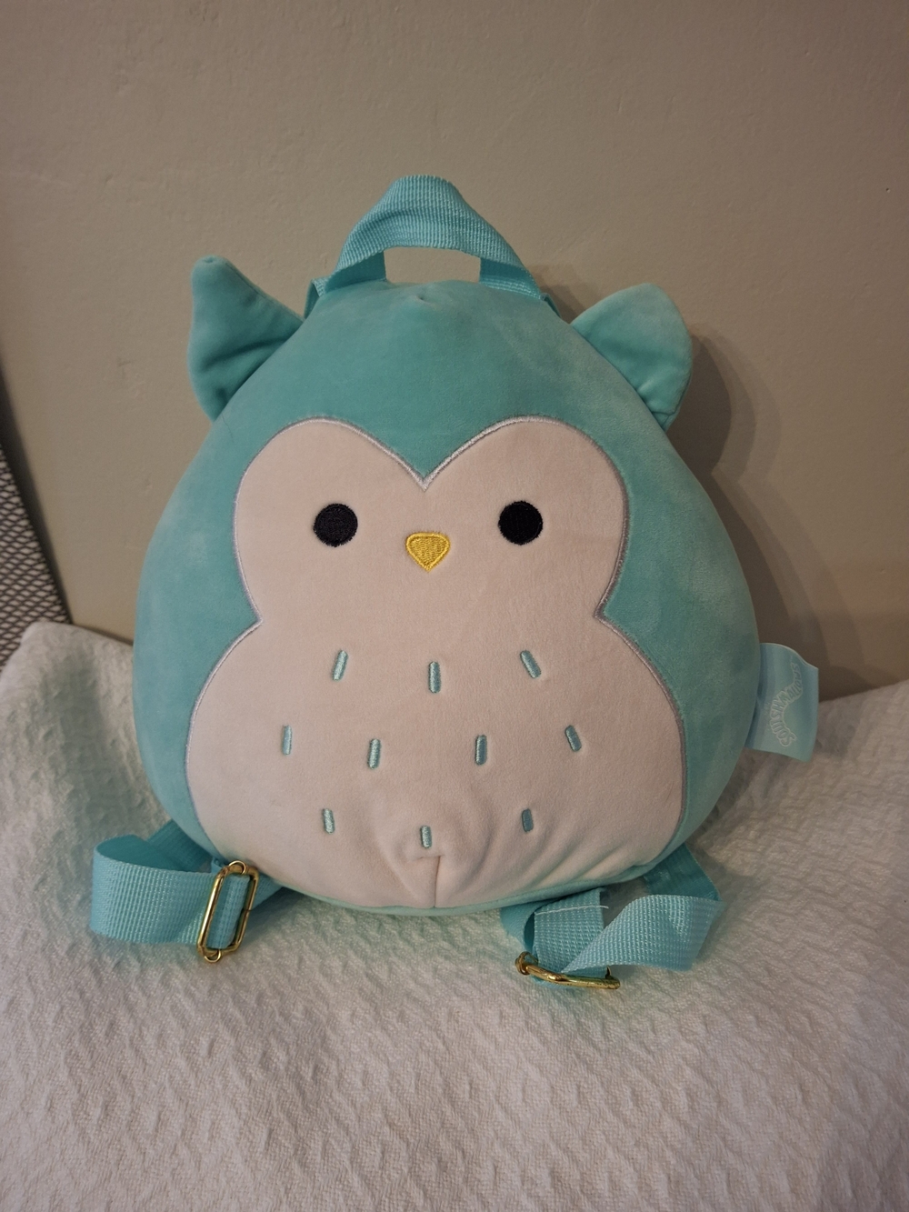 Squishmallows Teal Owl Plush Kids Backpack with Gold Accents
